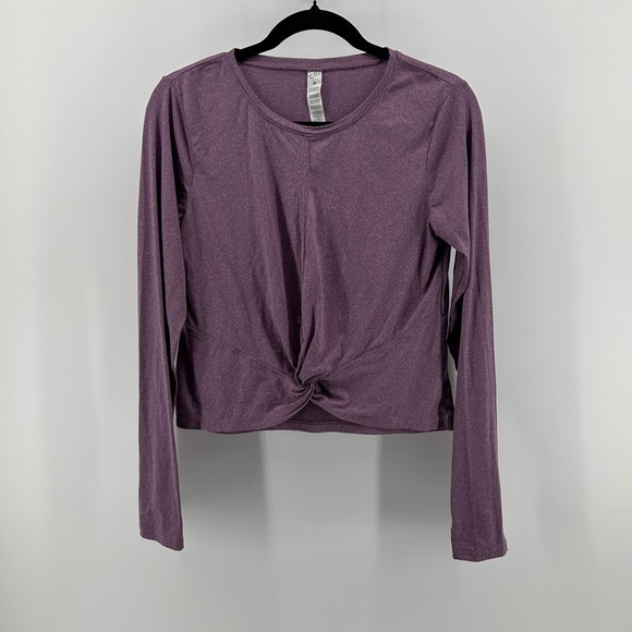 Ellie Tops - Ellie Heathered Purple Twist Front Long Sleeve Active Crop Top Med Athletic Yoga